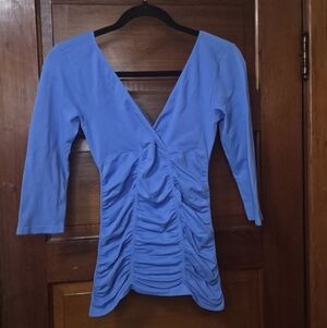 NWT *Flawed* Last Tango Light Blue Ruched Form Fitted V-Neck Women's Top Sz S/M
